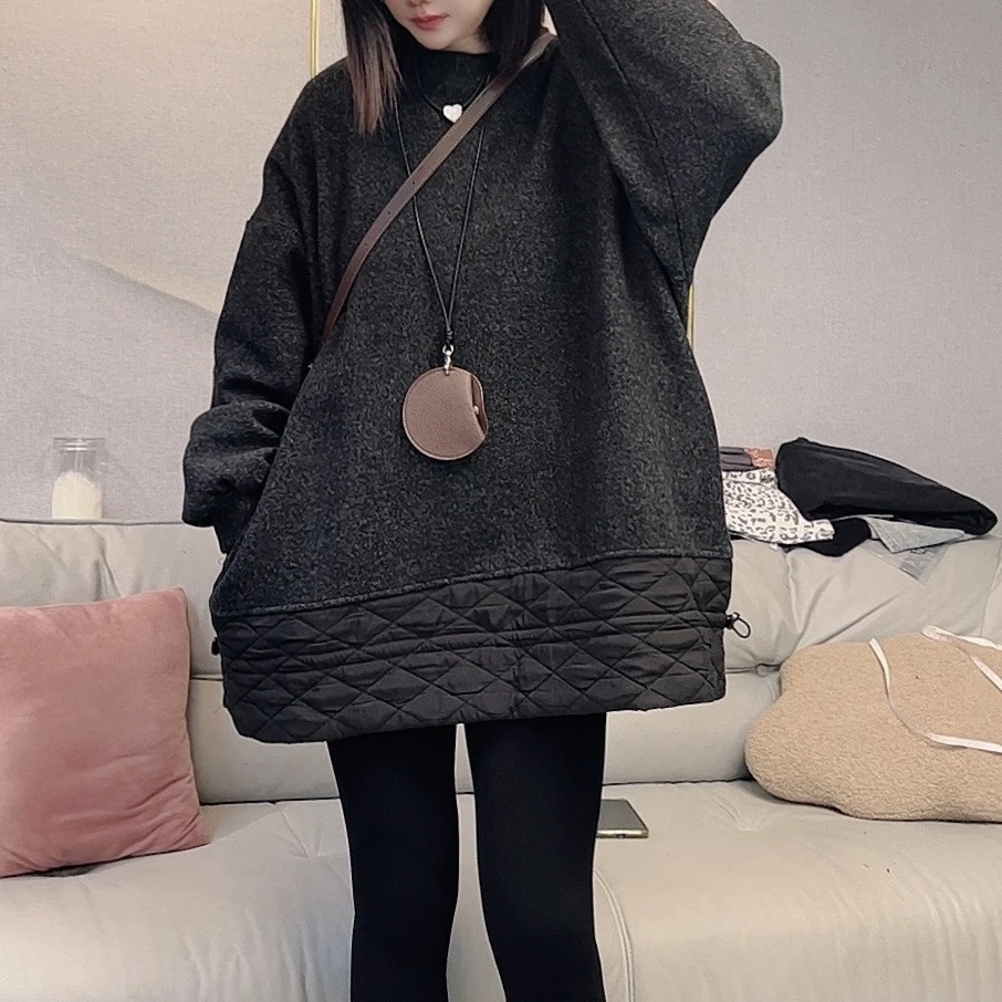 新款时尚潮流百搭呢料加绒拼接卫衣5570