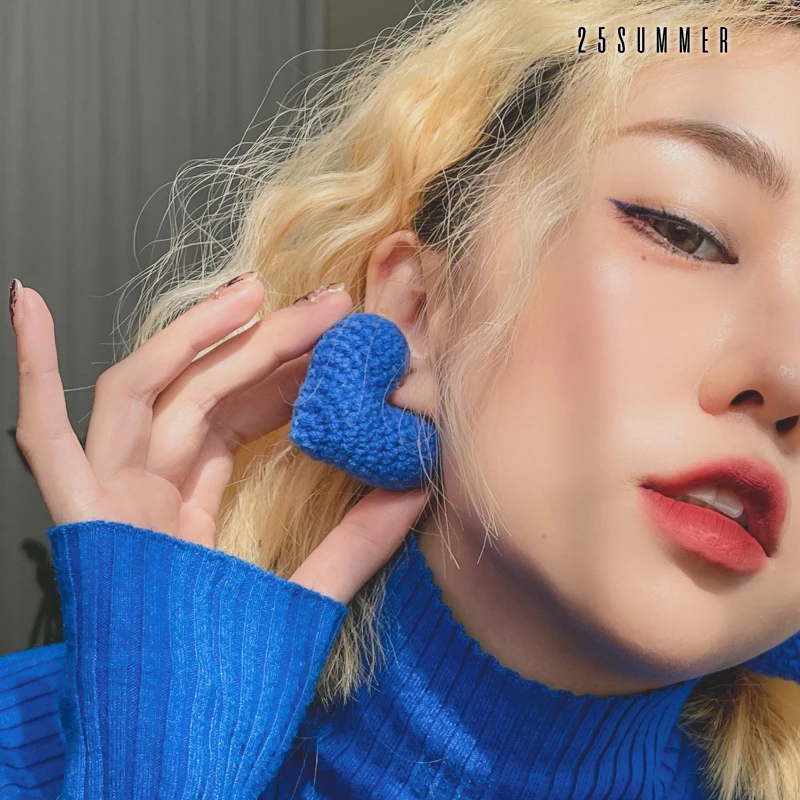 非金属布艺耳饰 原创手工编织立体红色爱心耳环趣味夸张小众耳钉