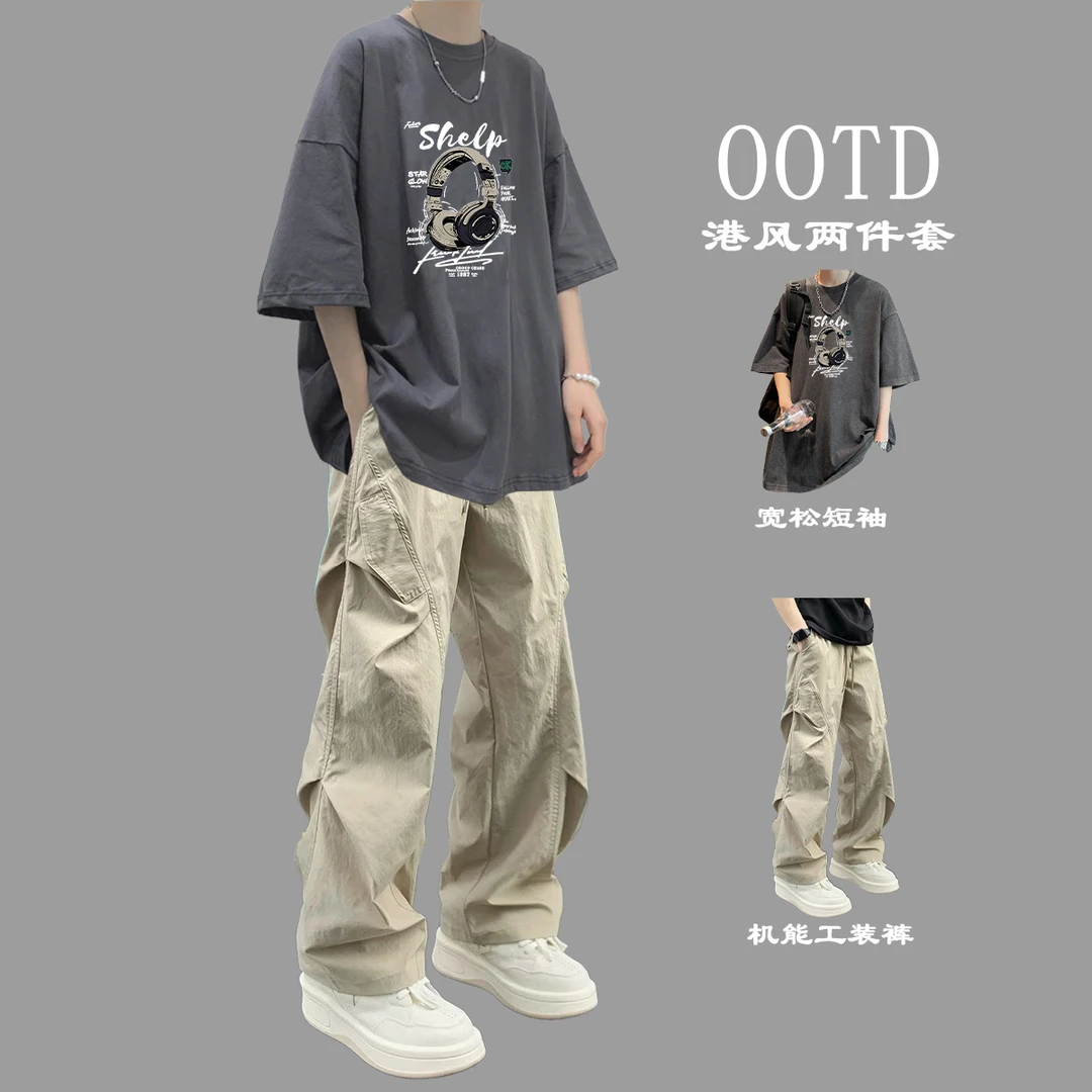 男士宽松夏季套装短袖t恤青少年高街痞帅气机能工装裤潮牌两件套