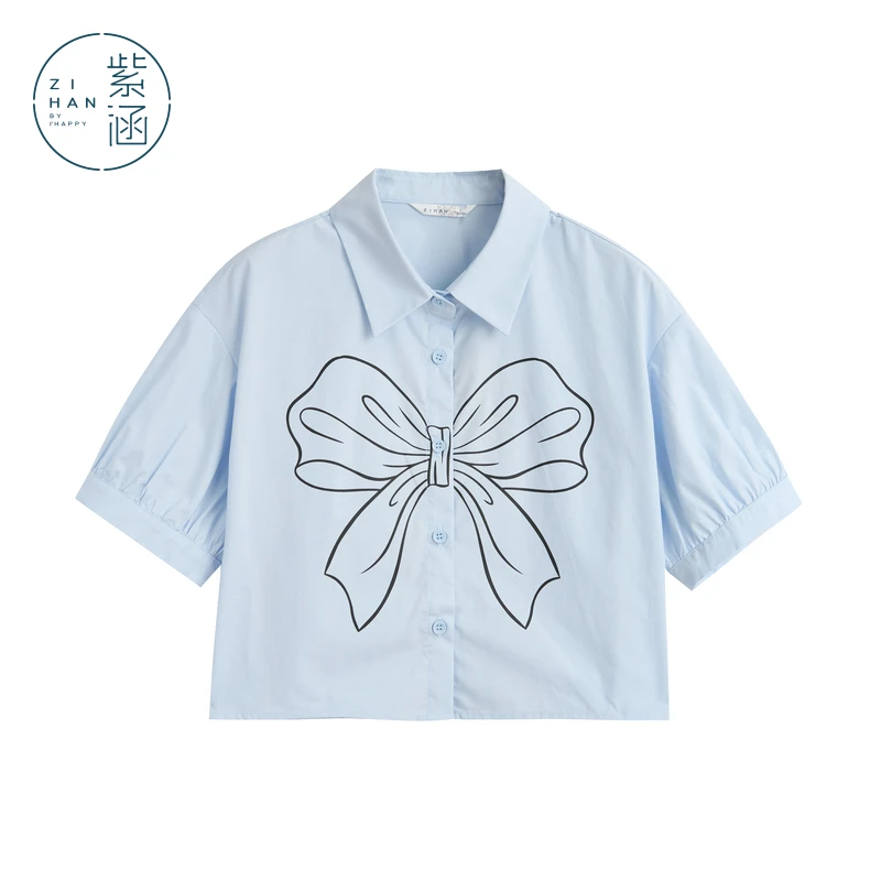 紫涵蝴蝶结印花衬衫夏季森系风短款蓝色衬衣Z4Z03AN094