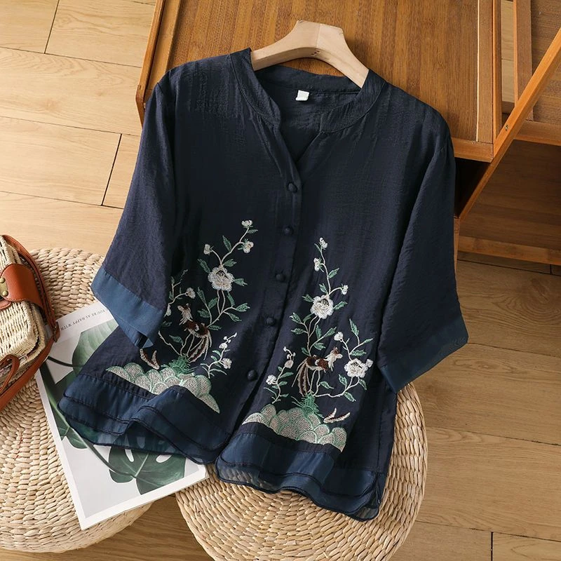 麻料衬衫女短袖夏季2025新款高端品牌大码小衫洋气质亚麻刺绣上衣