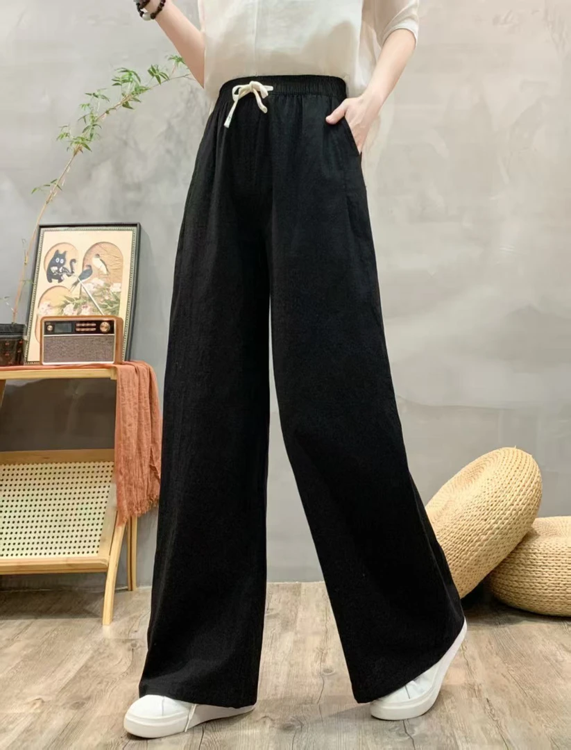 春夏新款水洗麻纱宽松复古阔腿裤女装高腰松紧腰百搭直筒裤子女士