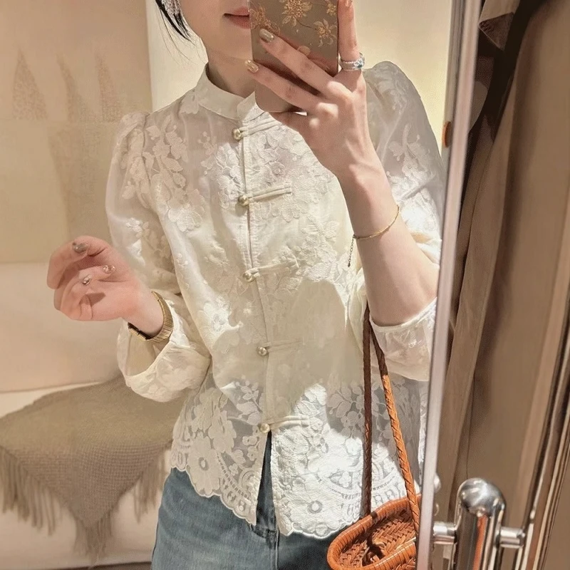 新中式国风重工提花盘扣灯笼袖衬衫女夏季新款减龄宽松长袖防晒衫