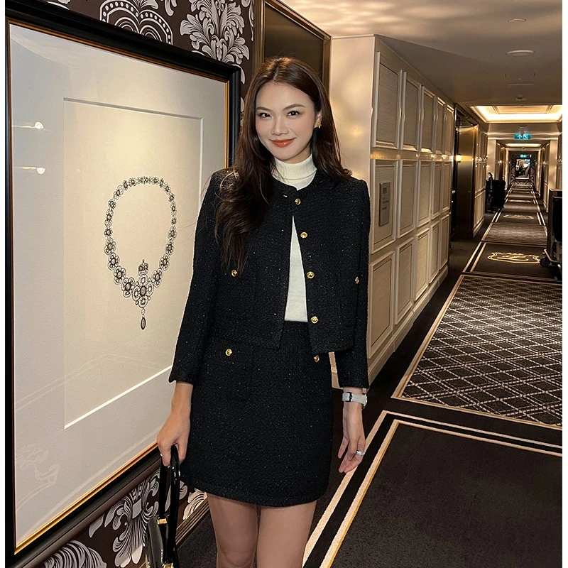 【琳媚】“半裙”法式编织亮丝粗花呢半裙女