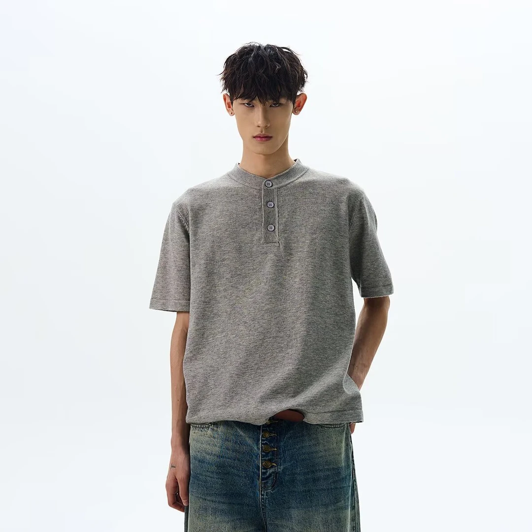 cleanfit短袖花灰色亨利领短袖男夏季内搭美式复古t恤重磅休闲INS