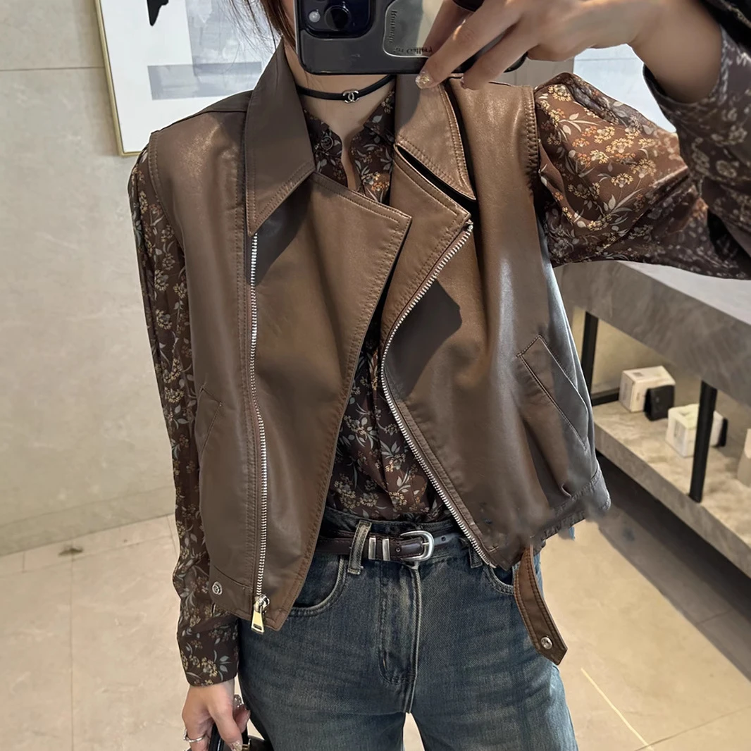 休闲百搭pu皮马甲女2025新款欧货宽松无袖上衣短款背心小皮衣外套