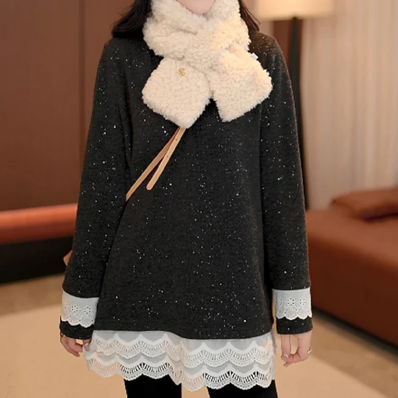 圆领中长款蕾丝拼接内搭打底衫早春新款大码胖mm显瘦遮屁股上衣女