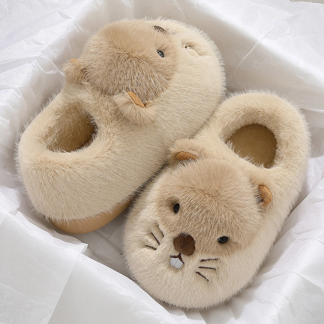 红豆可爱土拨鼠棉鞋女款秋冬季家居室内厚底毛绒保暖外穿棉拖鞋男