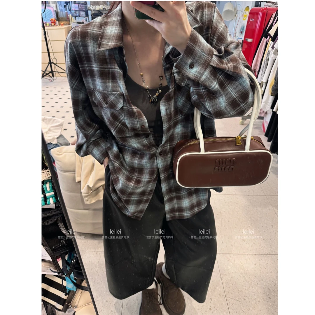 晶咕【济州岛的风】复古撞色格纹宽松衬衫外套（有厚度)