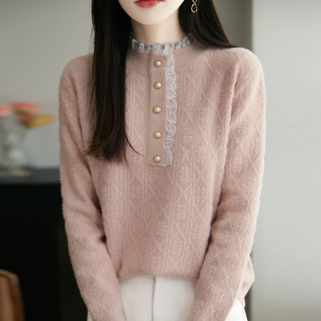 特大码女装微胖mm秋冬半高领女士毛衣蕾丝花边上衣内搭针织打底衫