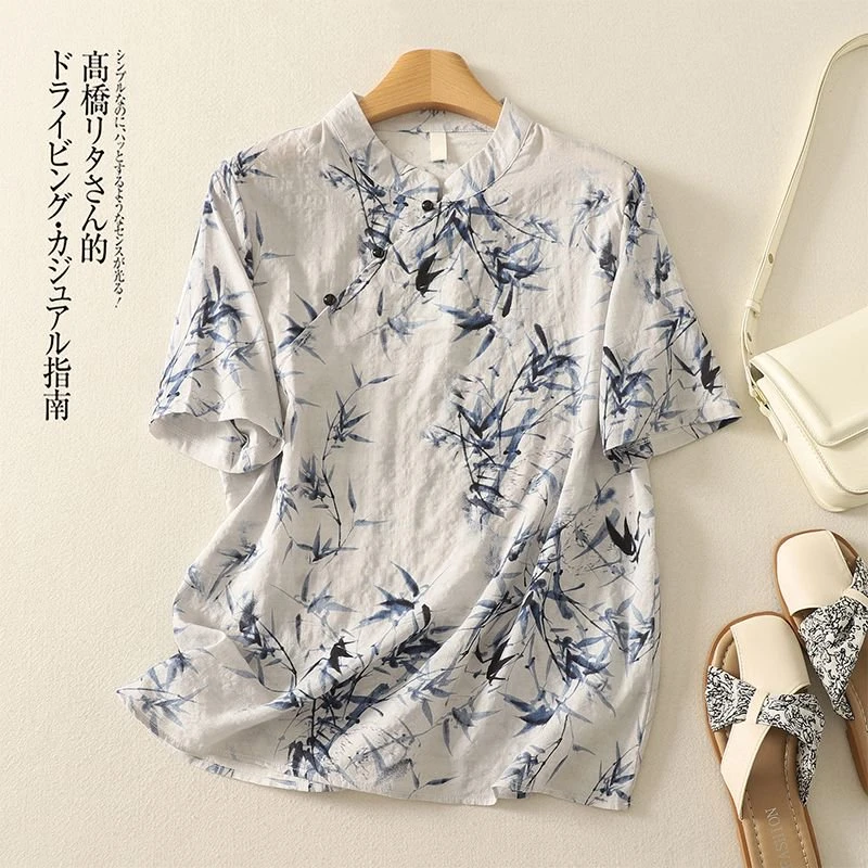 9256#中国风印花斜襟松紧带成人茶服民族风衬衫文艺立领香妃竹