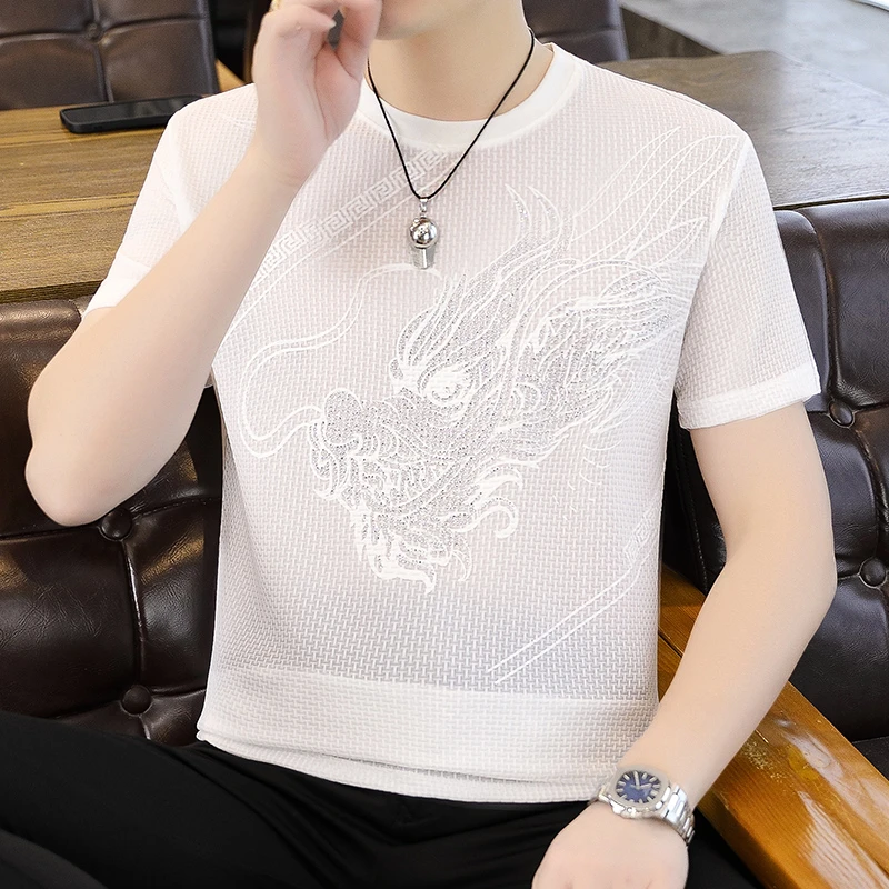 夏季中青年男士靓仔龙图案烫钻冰丝圆领透气休闲短袖T恤潮流酷