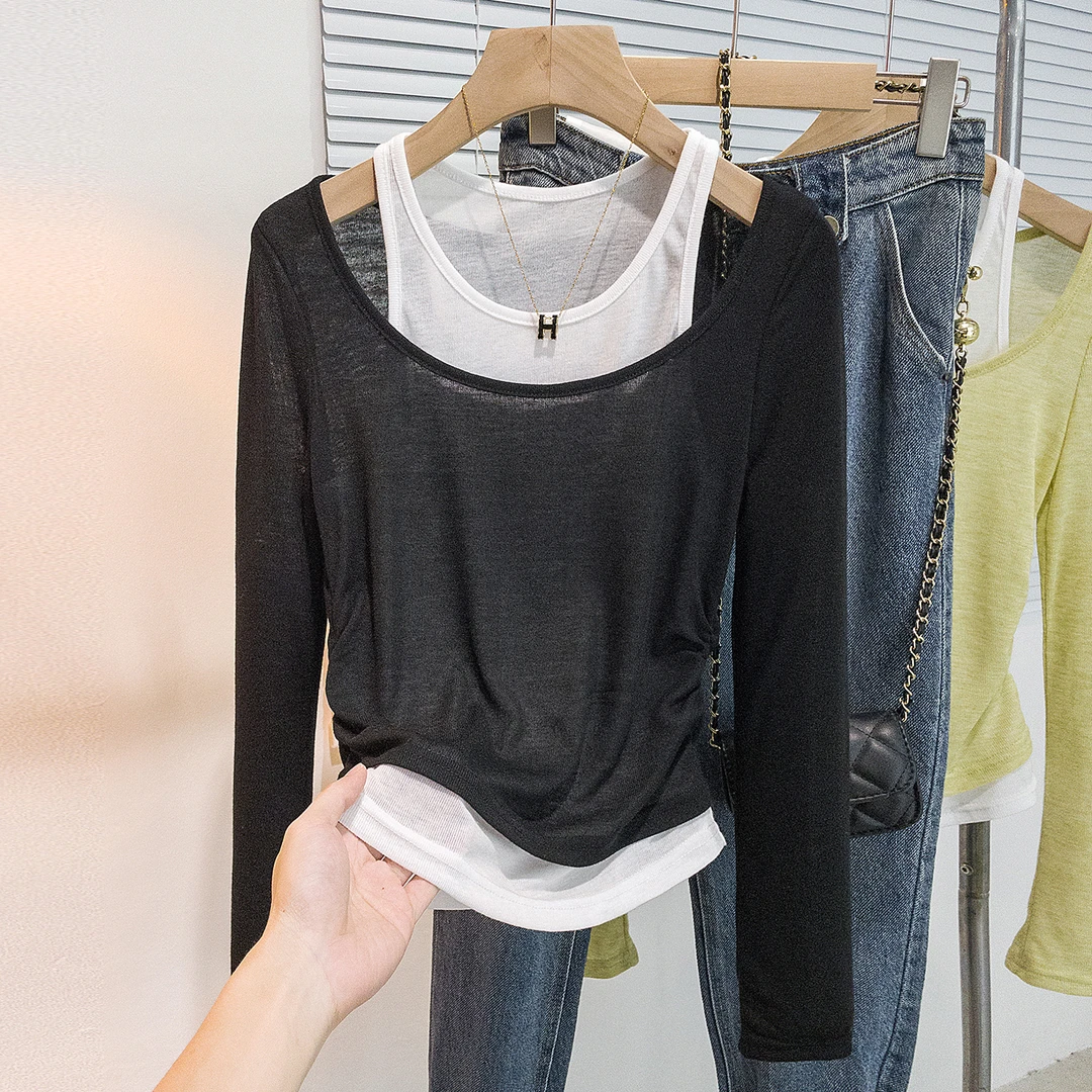 yoewshean/羽媗秋冬季假两件褶皱长袖t恤大码女装内搭打底衫上衣
