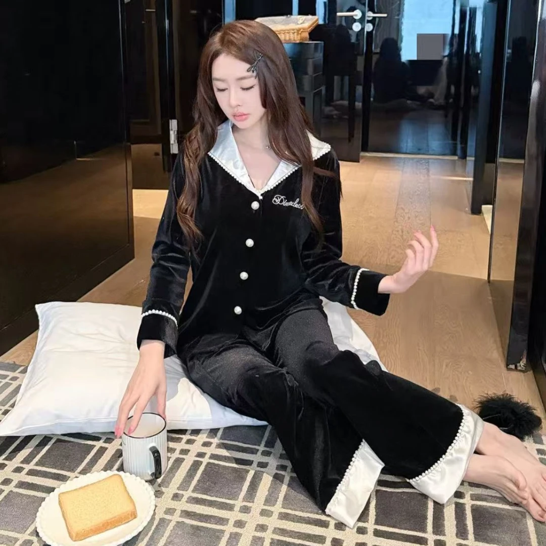 秋冬新款法式金丝绒睡衣女黑白撞色金钻绒套装轻奢高级感女家居服