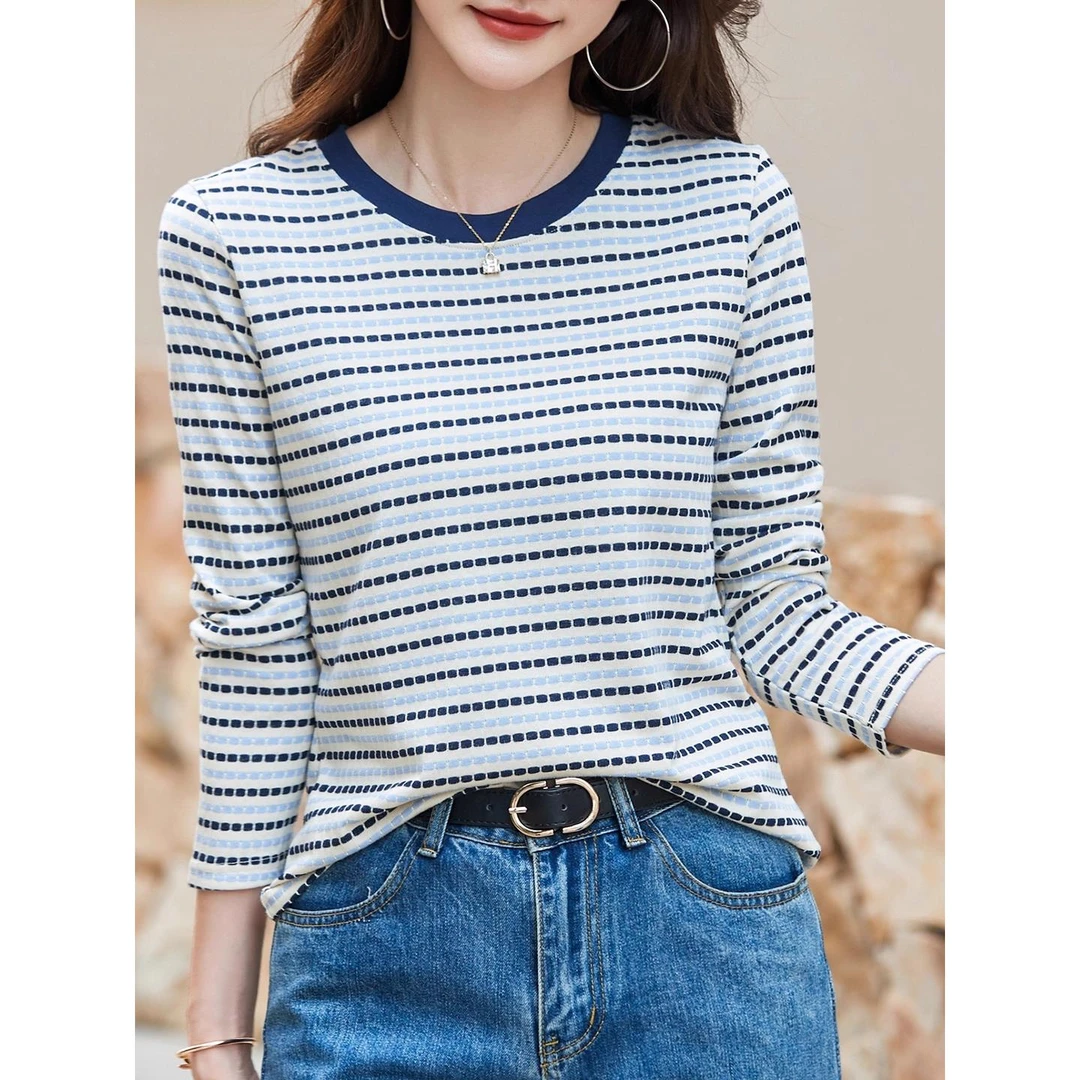 美式高端条纹t恤长袖2025年新款秋季正肩显瘦休闲百搭打底衫上衣