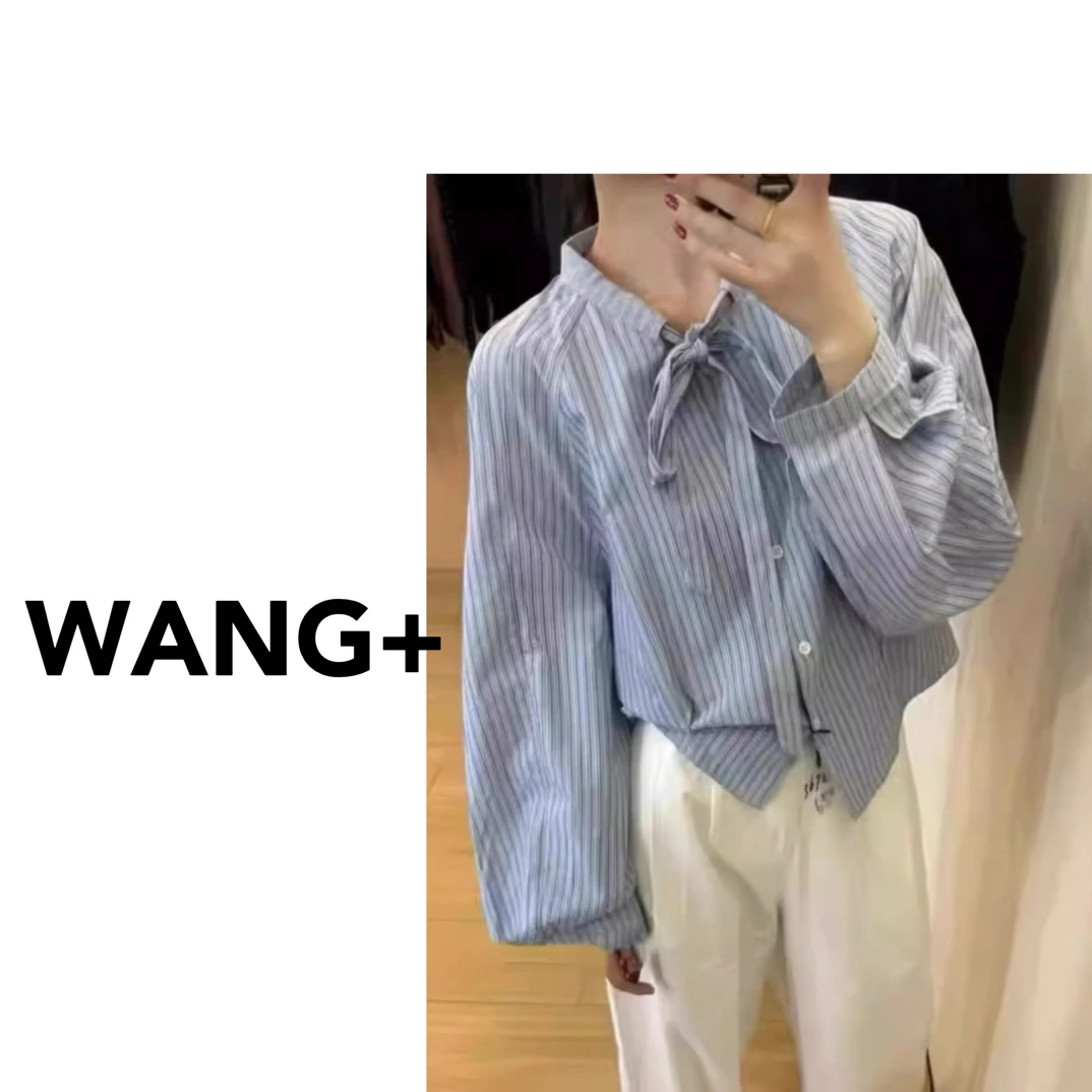 WANG+/复古蓝色条纹系带长袖衬衫女百搭显瘦通勤小上衣