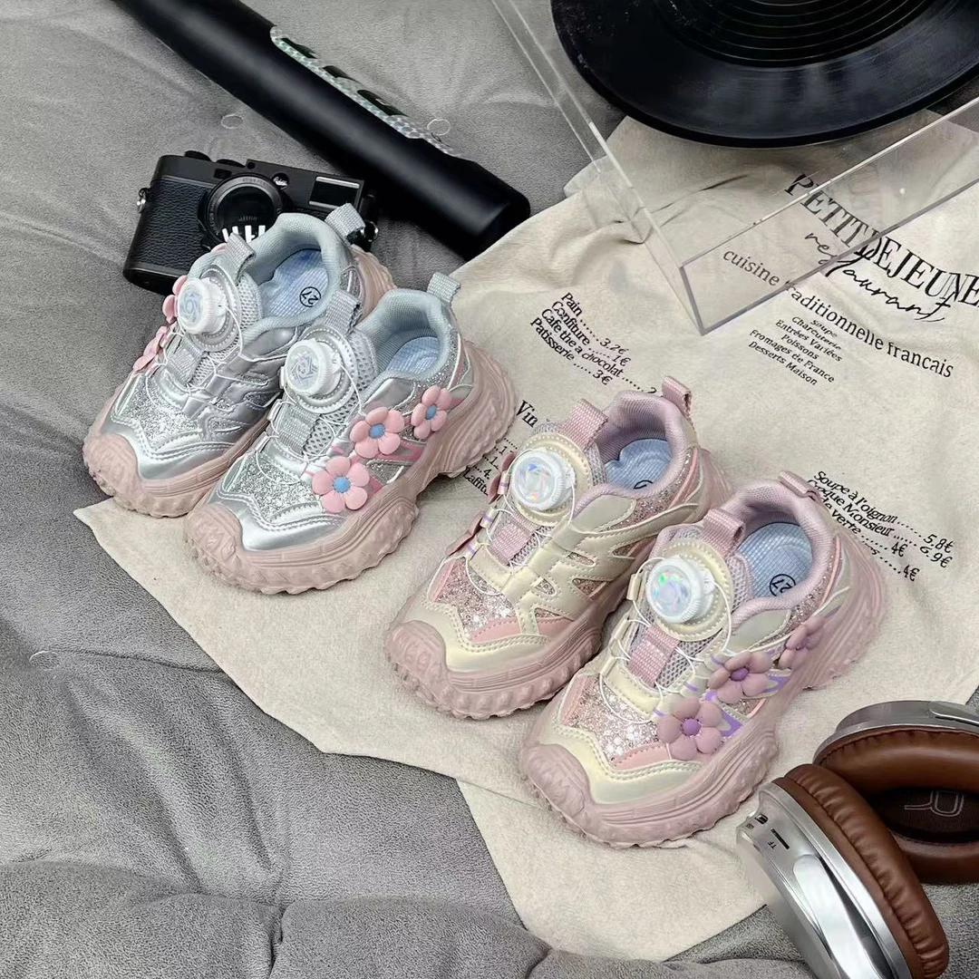 星妈专属儿童花朵老爹鞋春季女童透气休闲百搭纽扣运动鞋250032