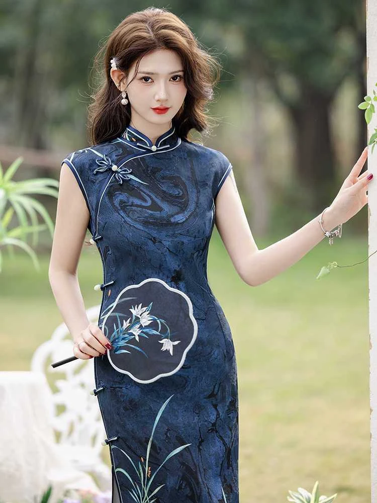 蓝色旗袍长款老上海复古民国风改良裙新中式2025年新款春优雅百搭