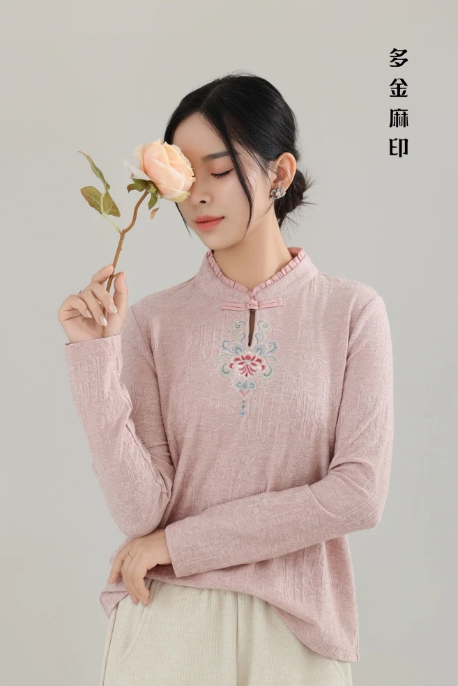 多金麻印国风小衫长袖中式打底衫长袖复古宽松绣花立领刺绣上衣
