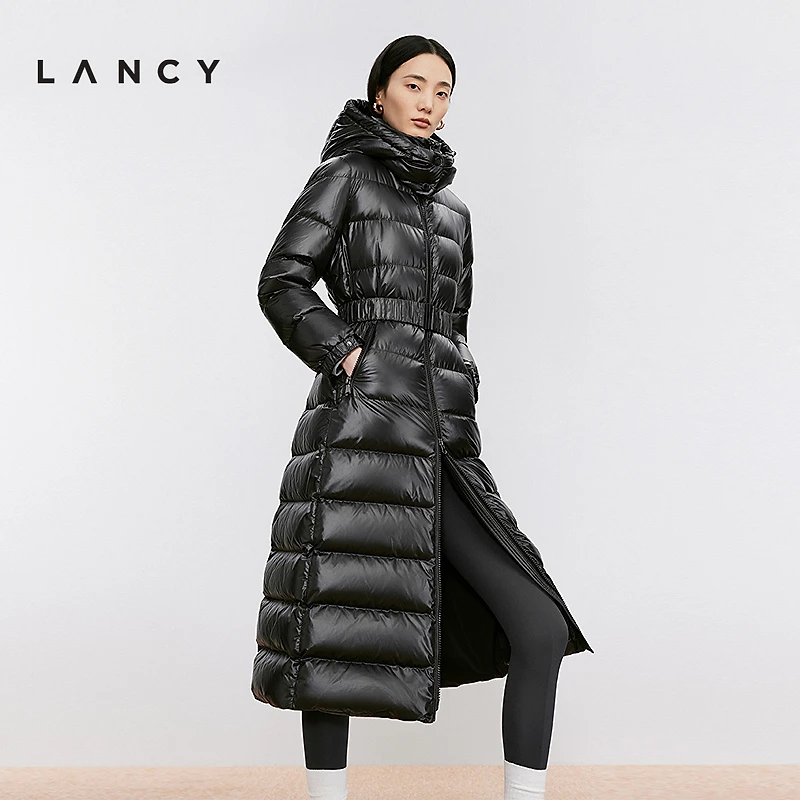 【90白鹅绒】LANCY/朗姿2024冬新款亮面超长款连帽显瘦羽绒服女