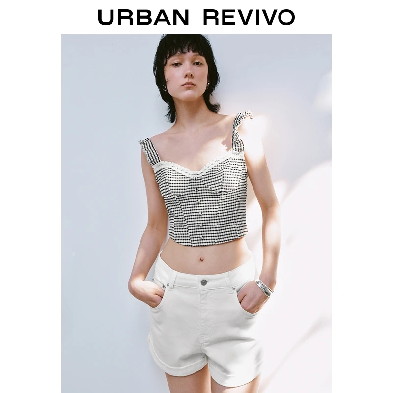 UR2025夏季新款女装复古撞色格纹蕾丝花边吊带衫UYL250068