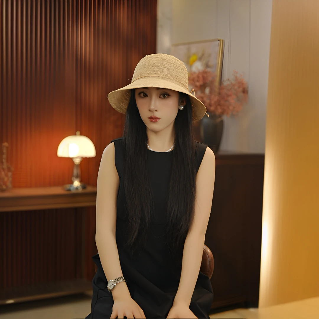 高端拉菲草帽女夏季2025新款草编沙滩防晒遮阳帽大檐出游渔夫帽子