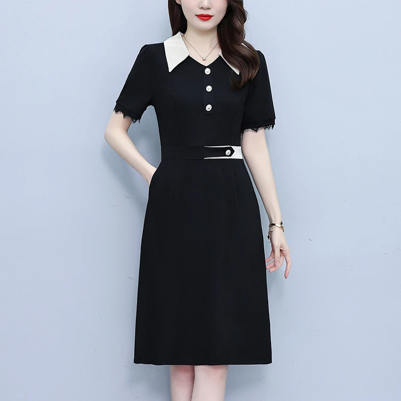 新款翻领夏季时尚洋气高级短袖遮肚修身显瘦气质阔太太中长连衣裙
