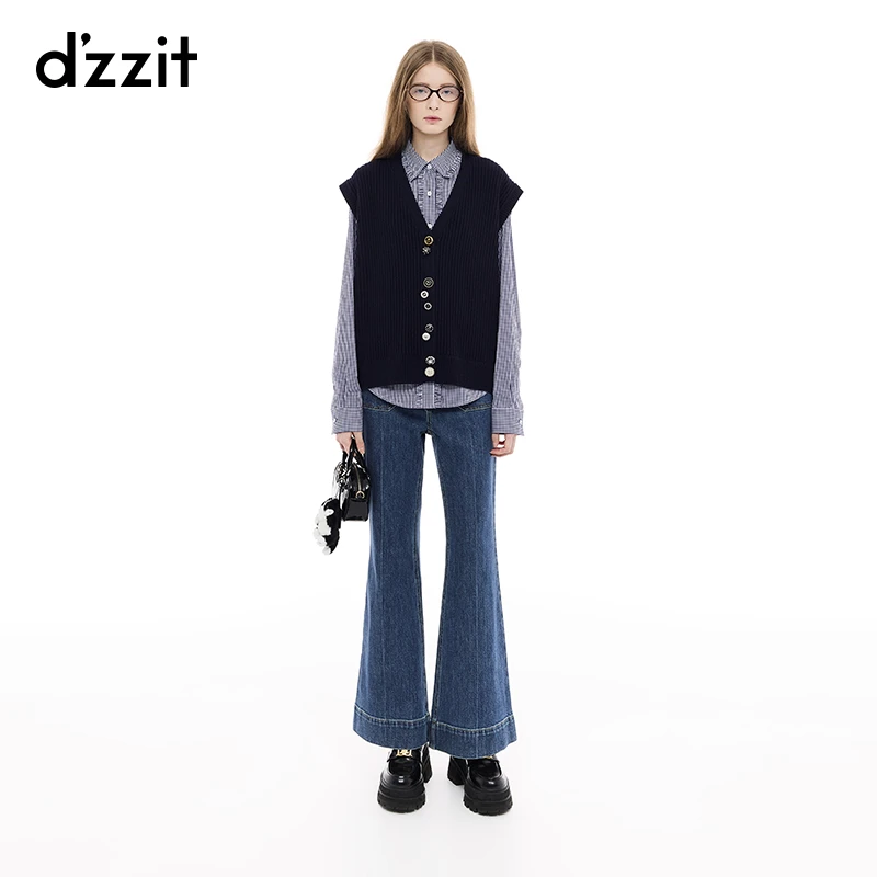 dzzit地素长袖衬衫25春新款高智少女花边蓝色格子上衣女3J1C4103S
