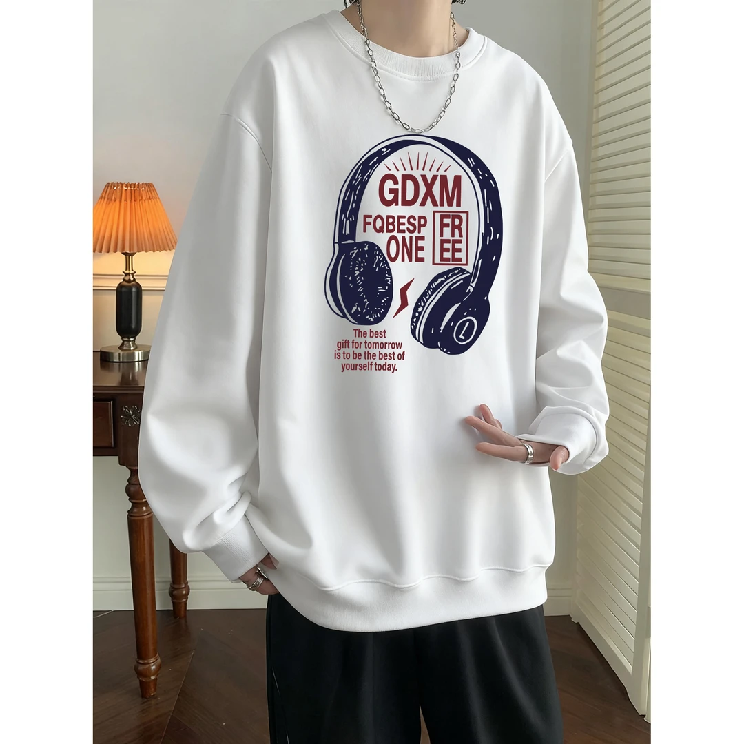 秋冬季美式高街重磅卫衣男ins套头百搭圆领男士打底耳机潮流宽松c