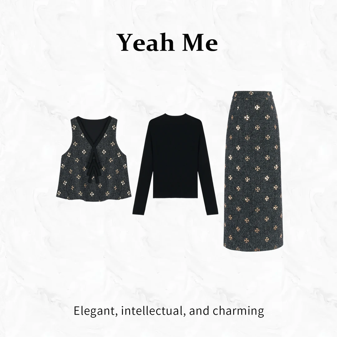 Yeah Me/也觅【菲戈利亚】秋季新款法式古典烫金花纹半身裙百搭套装