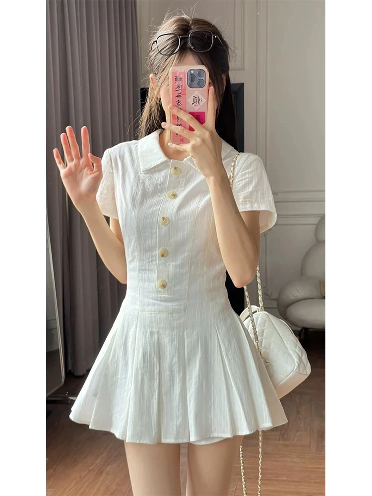 学院风甜美减龄竖纹肌理感衬衫裙短裤两件套女夏季新款减龄套装