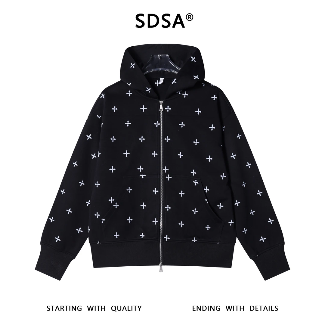 SDSA男士秋冬新款痞帅男装潮牌撞色十字印花拉链连帽卫衣百搭时尚