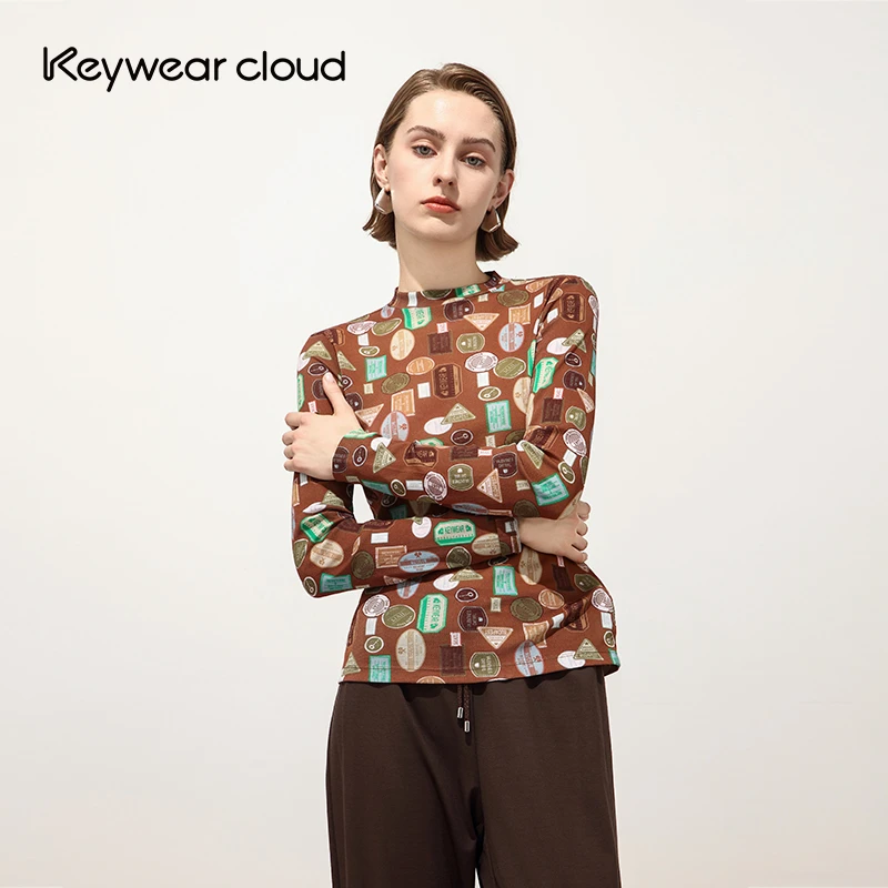 Keywearcloud奇威秋季复古标签印花修身打底衫图案圆领长袖内搭