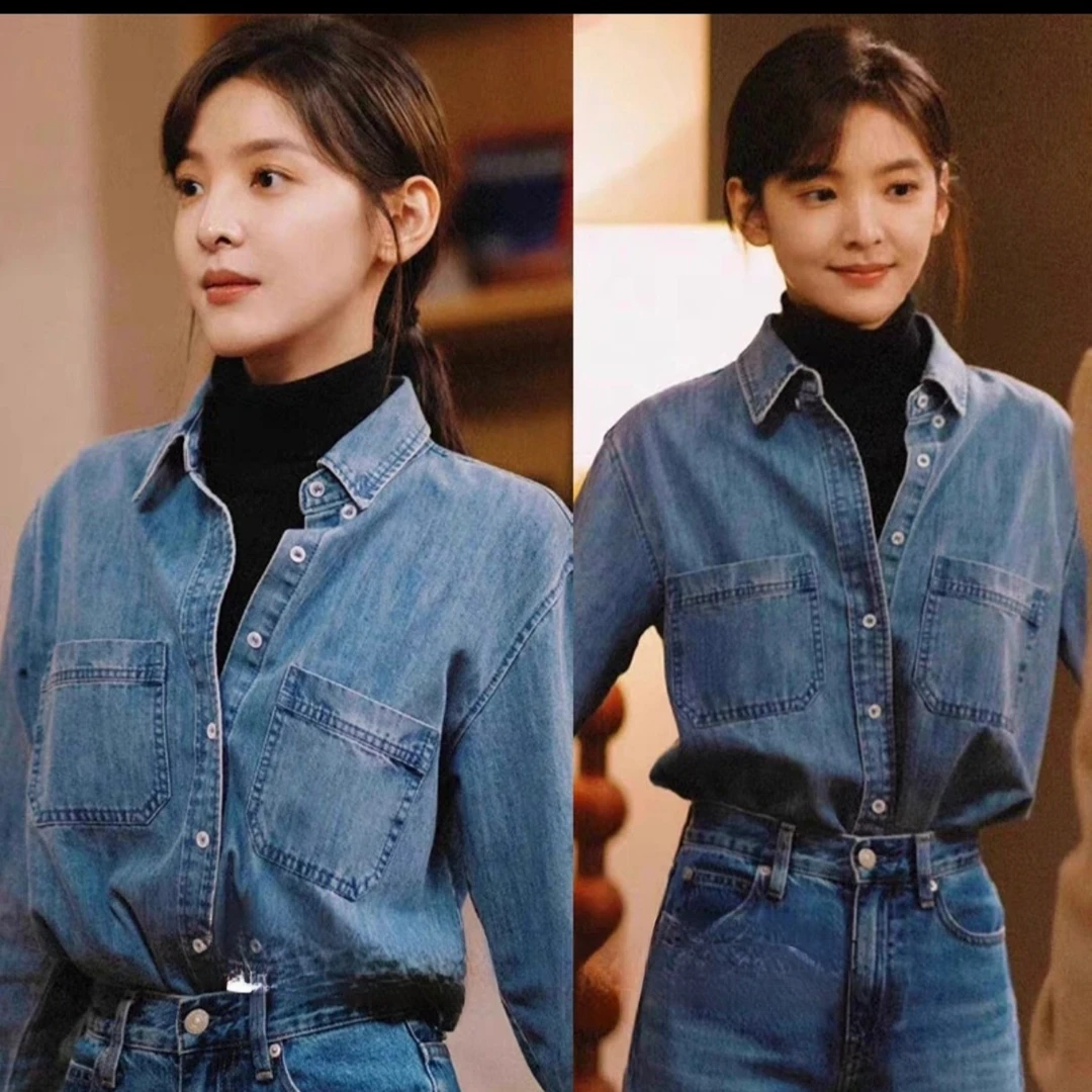 明星章若楠难哄温以凡同款风范春秋必备蓝色牛仔长袖衬衣