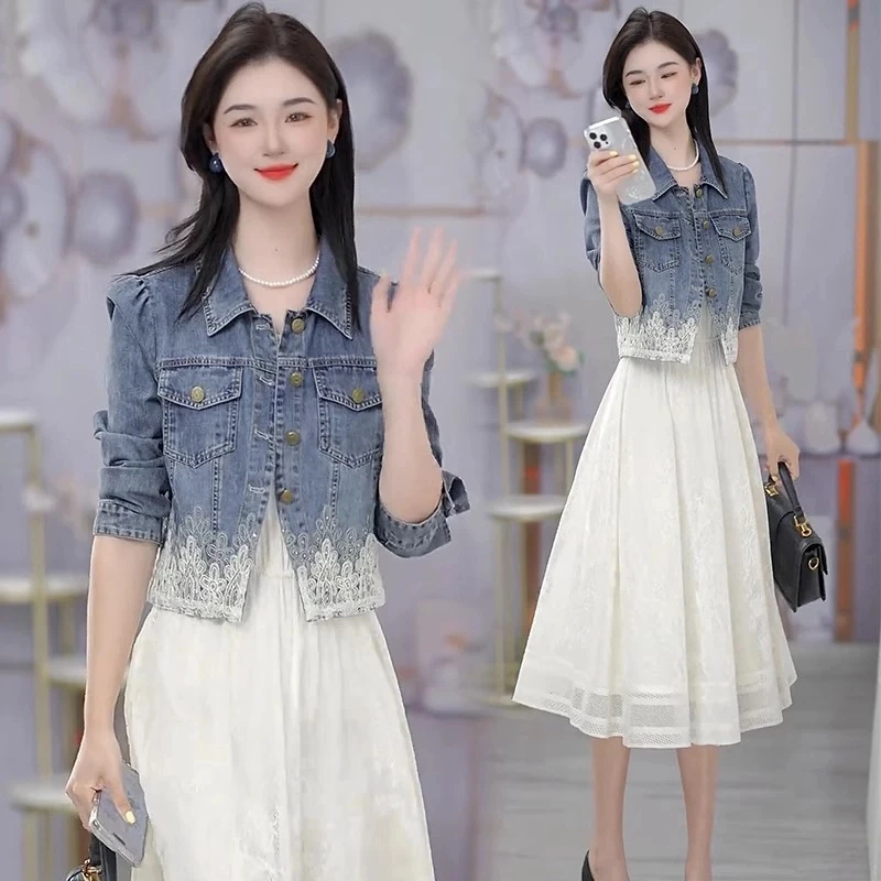 时尚连衣裙套装女春季新款洋气显瘦蕾丝花边牛仔外套背心裙两件套