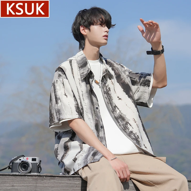KSUK夏季扎染冰丝短袖衬衫男士潮牌痞帅宽松休闲薄款衬衣大码外套