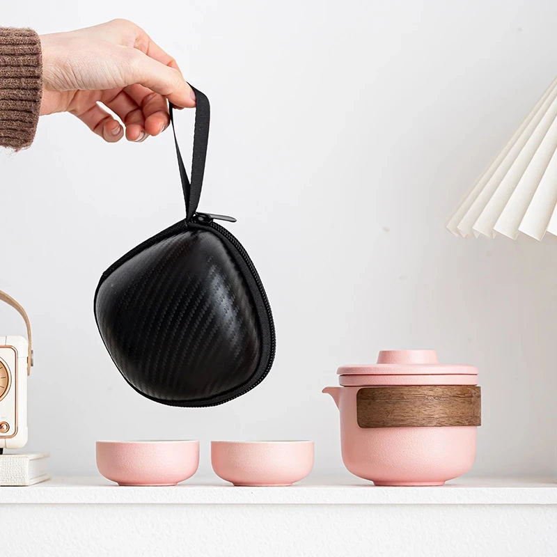浪漫粉旅行茶具一壶两杯车载户外旅游简约陶瓷创意防烫便携式