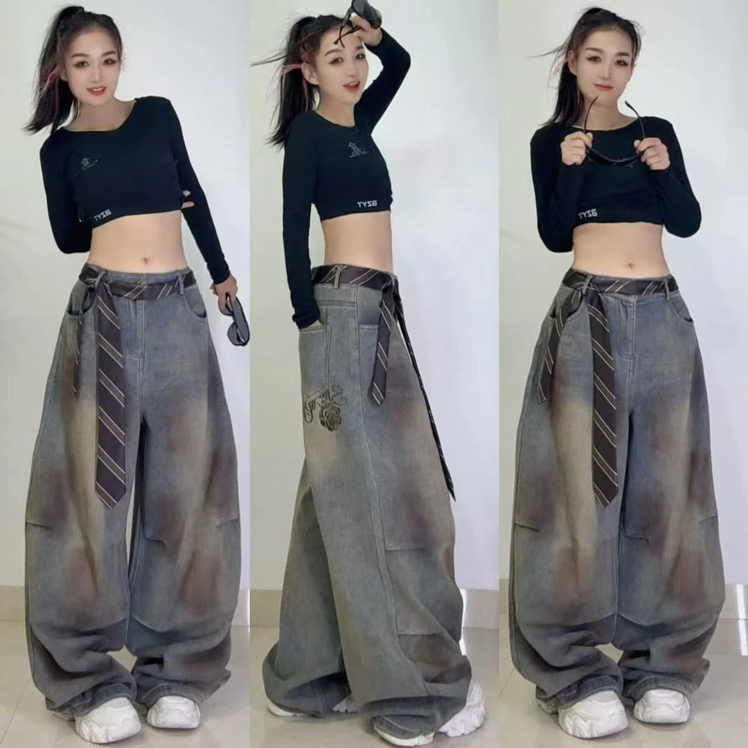 K907潮牌牛仔裤阔腿复古领带装饰做旧刺绣2598款