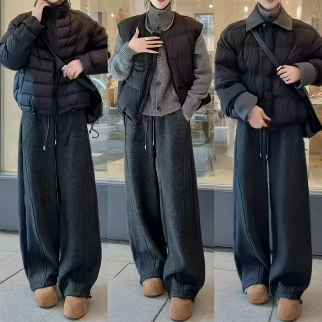 【现货+运费险】羊绒毛呢冬新款韩版加绒加厚女高腰保暖弯刀裤