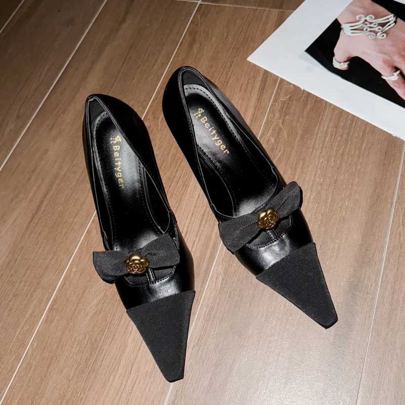 2025早春小香风新款蝴蝶结气质女士黑色细跟高跟鞋方头职业单鞋