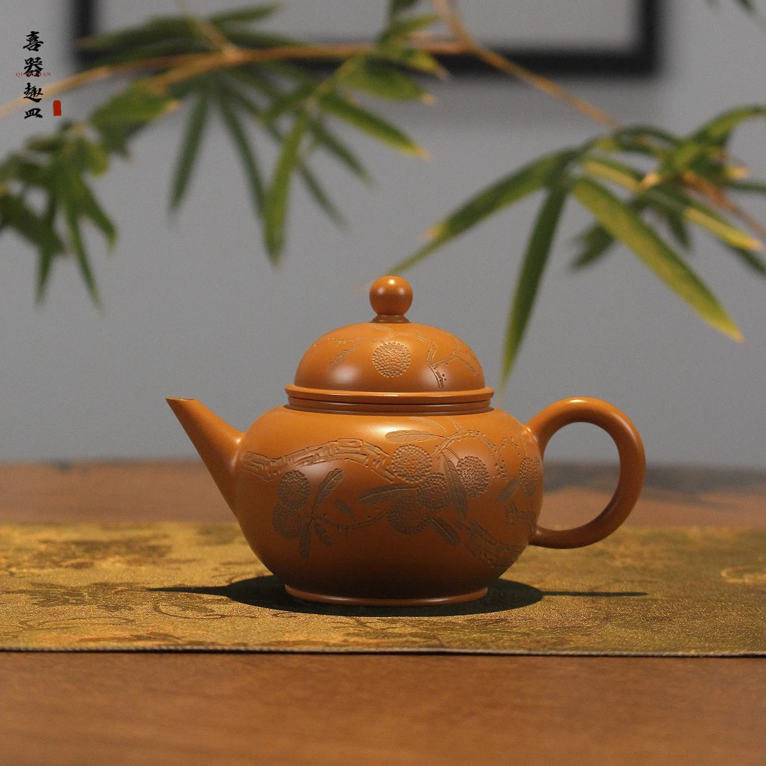 喜器老安顺-刻绘水平壶约100cc章燕城章广鑫潮州手拉壶全手工紫砂