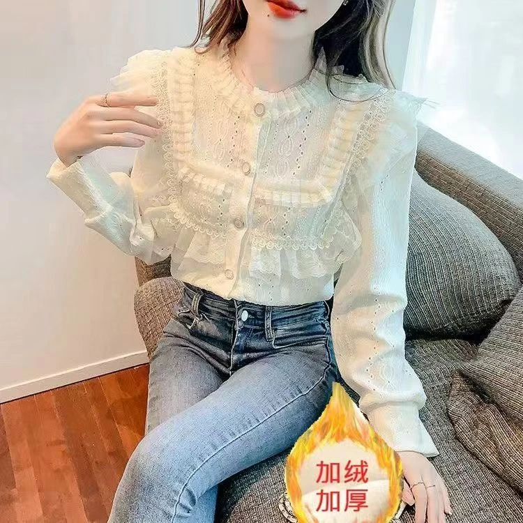 【当天发+运费险】韩版气质蕾丝花边圆领衬衫时尚镂空洋气衬衫LG357
