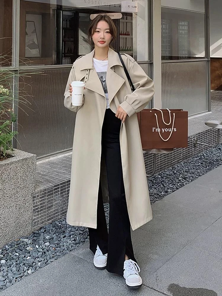 时尚气质休闲显瘦收腰长款风衣-22167