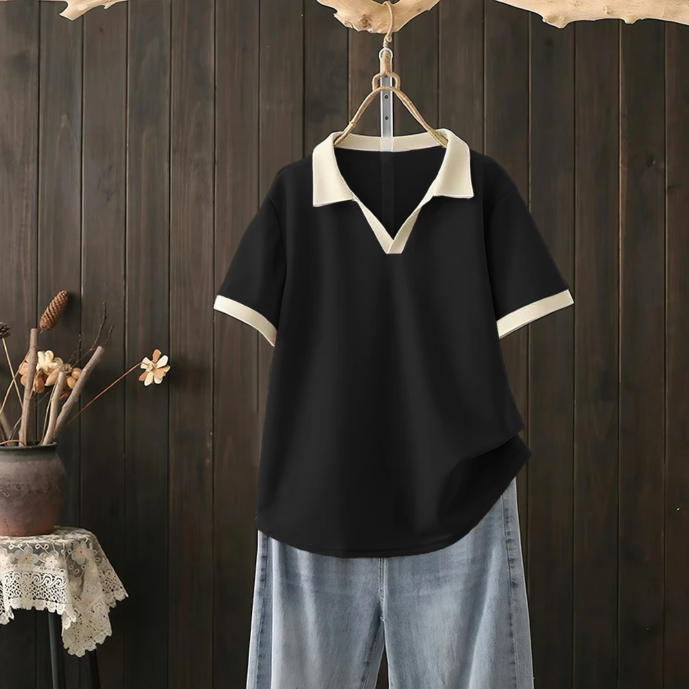 宽松设计感显瘦减龄复古文艺大码女装夏季新款短袖POLO领纯色T恤