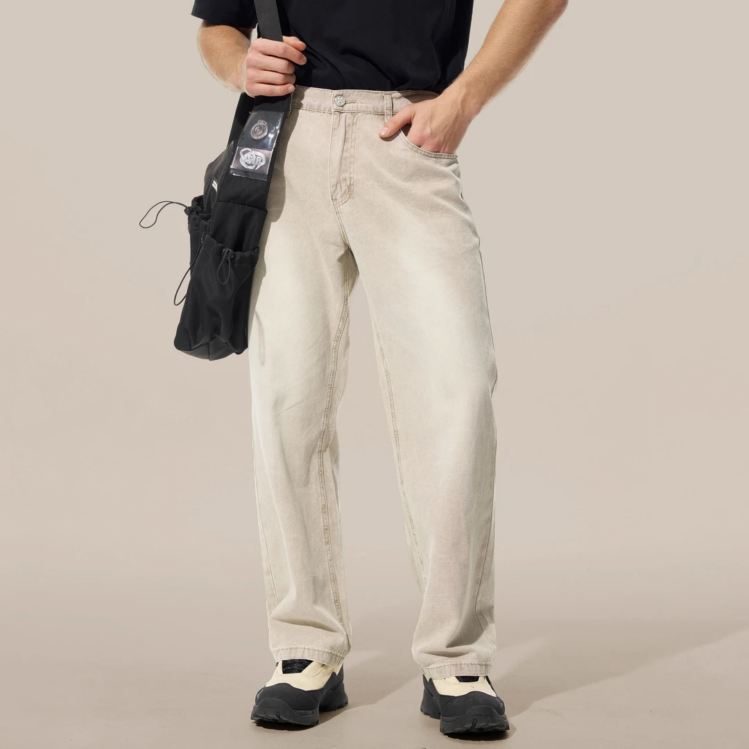 Cebrodz浅卡其牛仔裤男2025年新款宽松直筒百搭阔腿休闲长裤春季