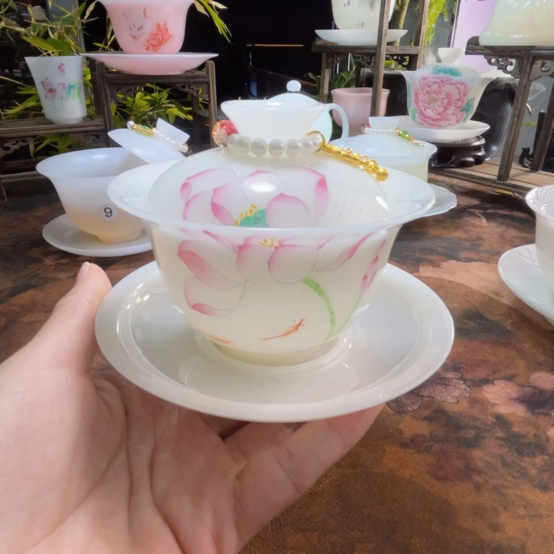 璞玉手绘鱼戏莲花三才元宝