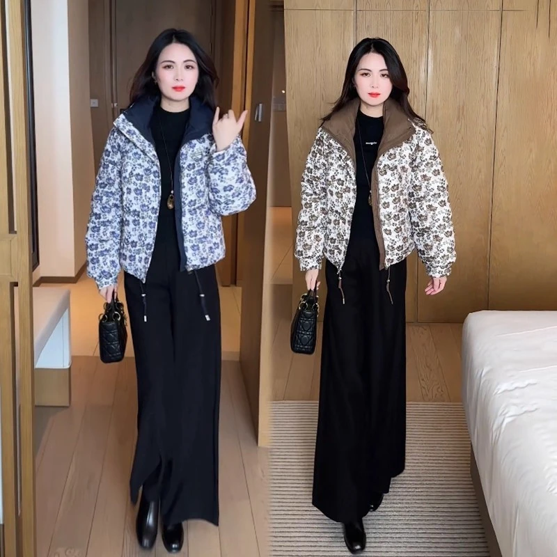 时尚印花羽绒棉服女2025冬季新款洋气立领休闲百搭显瘦棉衣短外套