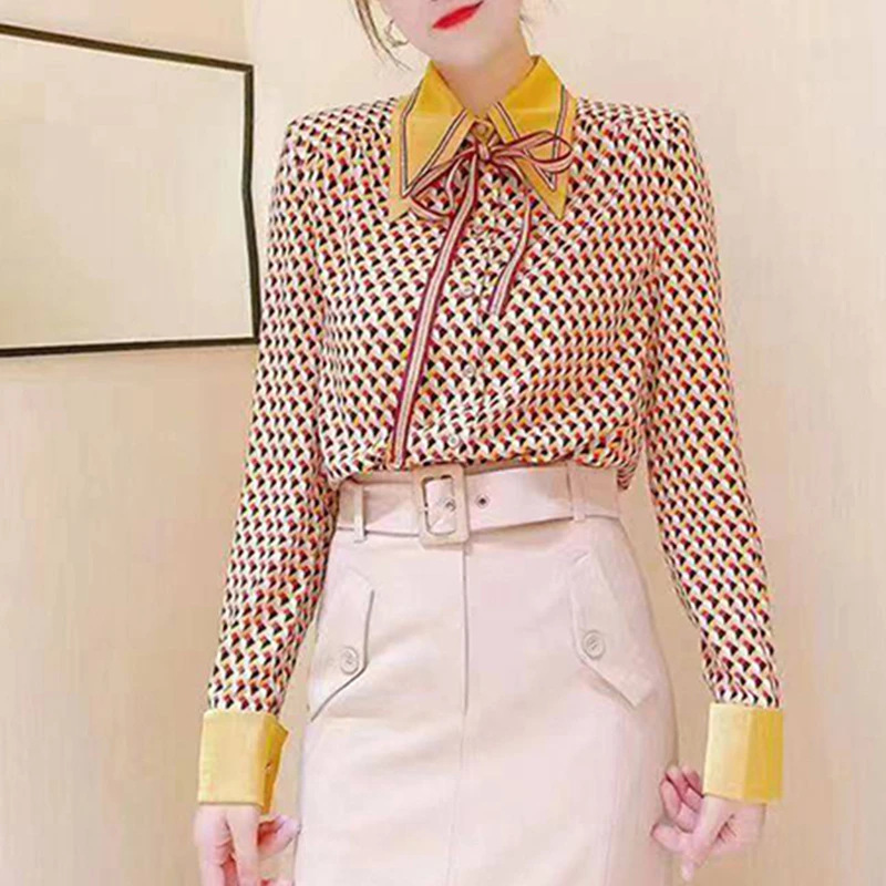 商场同款新款夏时尚职业休闲千鸟格系带碎花印花长袖雪纺衬衫女