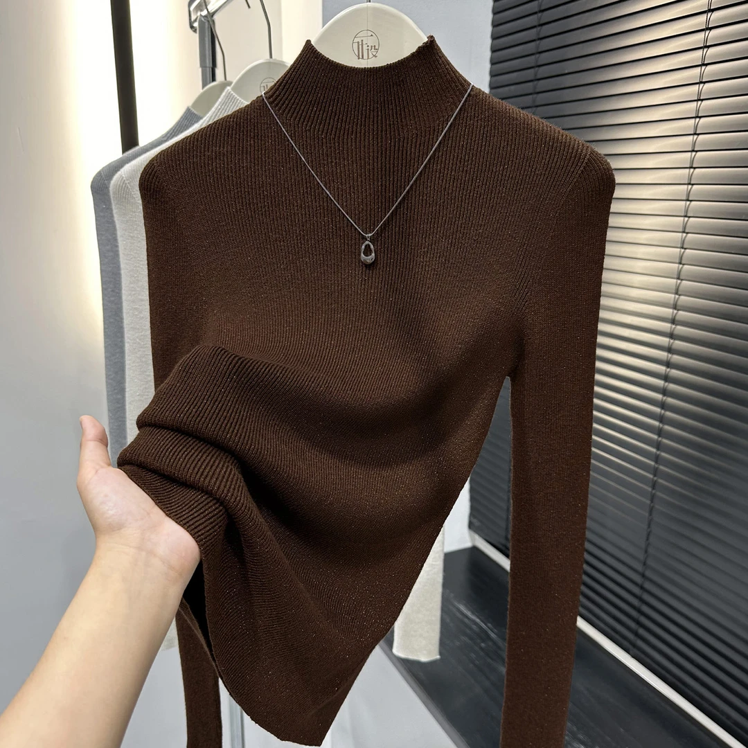 咖色简约软糯长袖针织衫上衣秋冬爆款小众洋气半高领百搭打底衫女