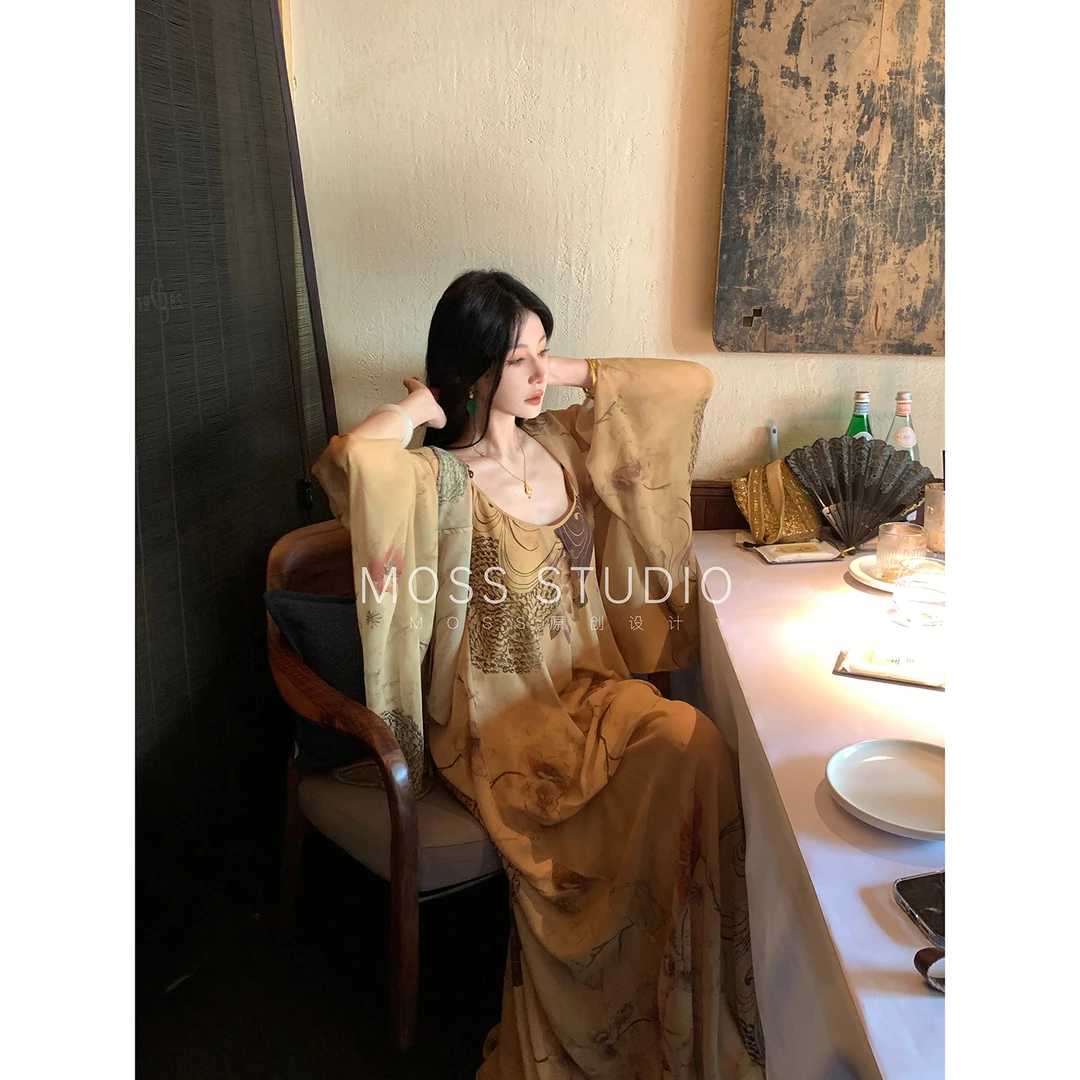 MOSS STUDIO 【木槿吟】新中式国风木槿花吊带连衣裙+披肩开衫女